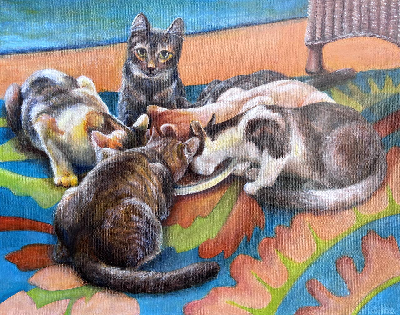Oil painting of a group of kittens on a colorful rug.