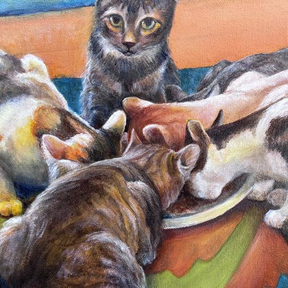 Oil painting of a group of kittens on a colorful rug.