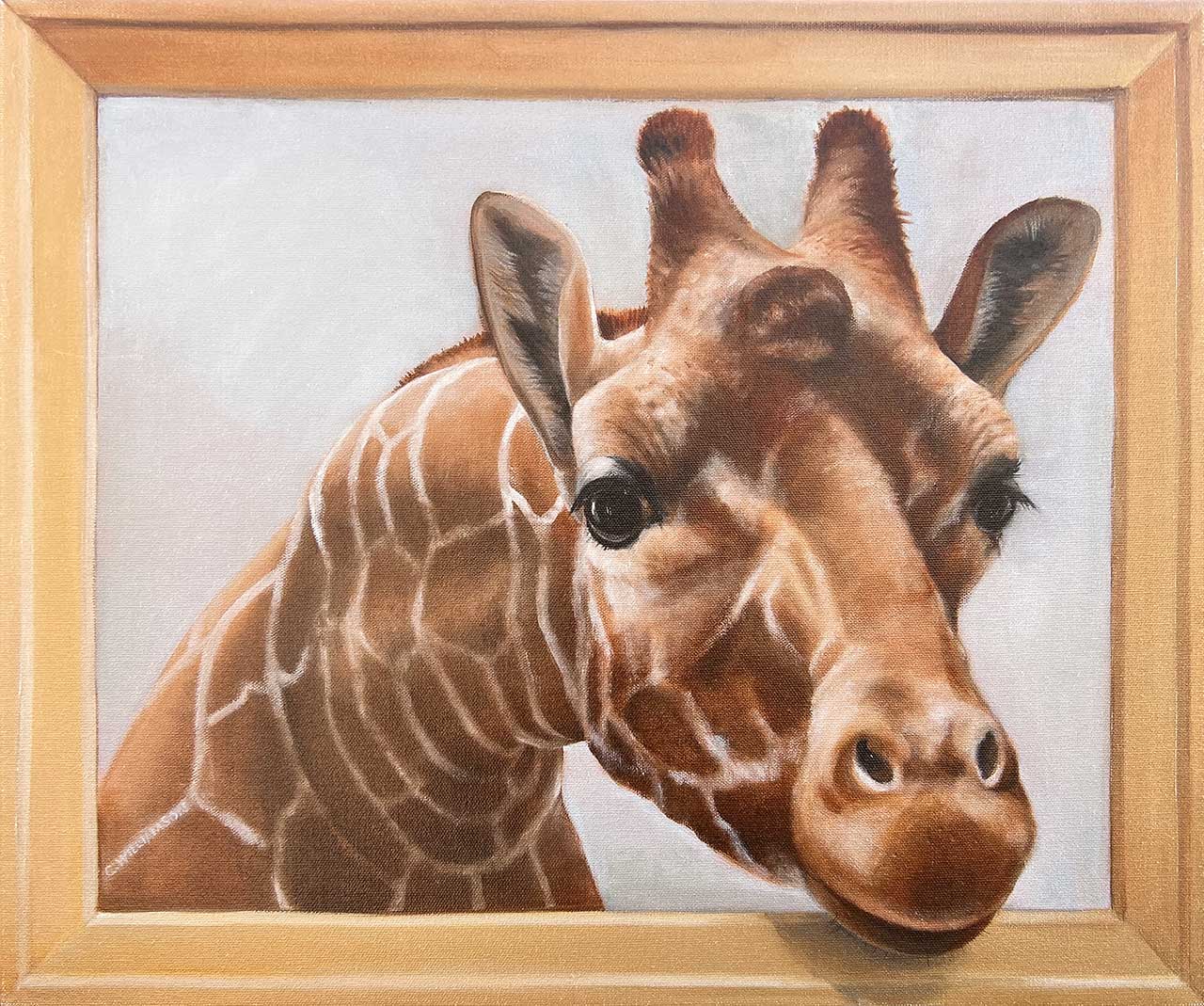 Oil painting of a giraffe sticking its head out of the frame.