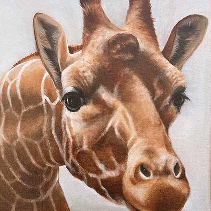 Oil painting of a giraffe sticking its head out of the frame.