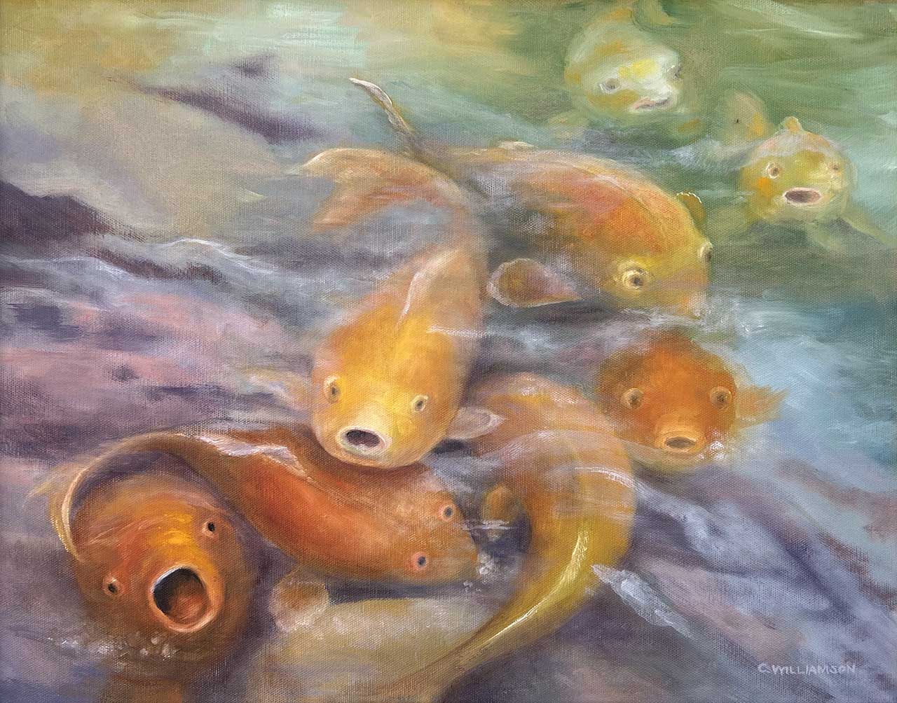 Oil painting of goldfish swimming.
