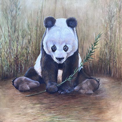 Oil painting of a panda seated in a clearing of bamboo.