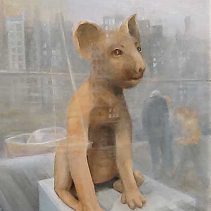Oil painting of a statue in a shop window with the city reflected in the glass.