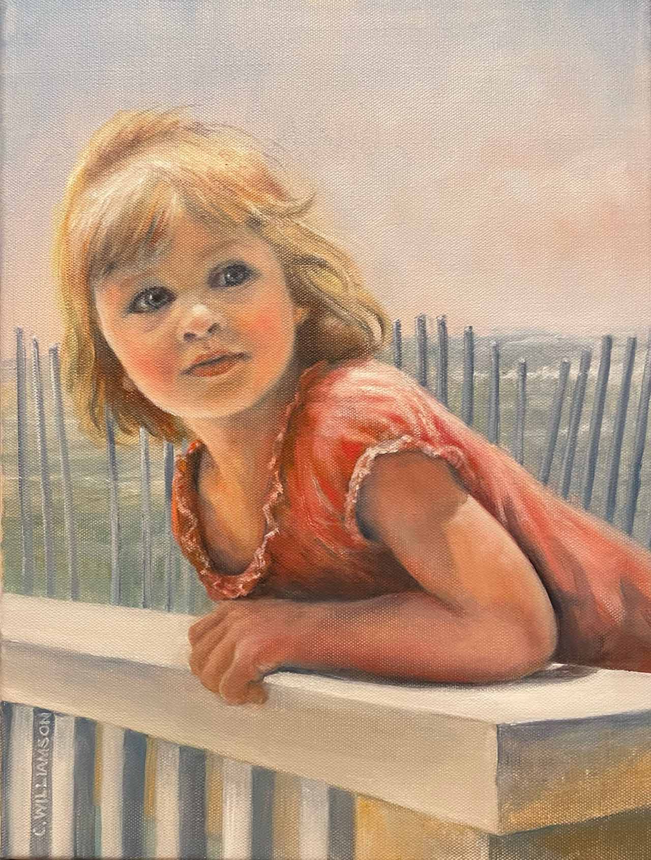 Oil painting of a girl at the beach.