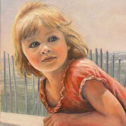 Oil painting of a girl at the beach.