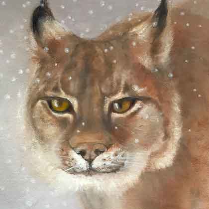 Oil painting of a bobcat walking in the snow.