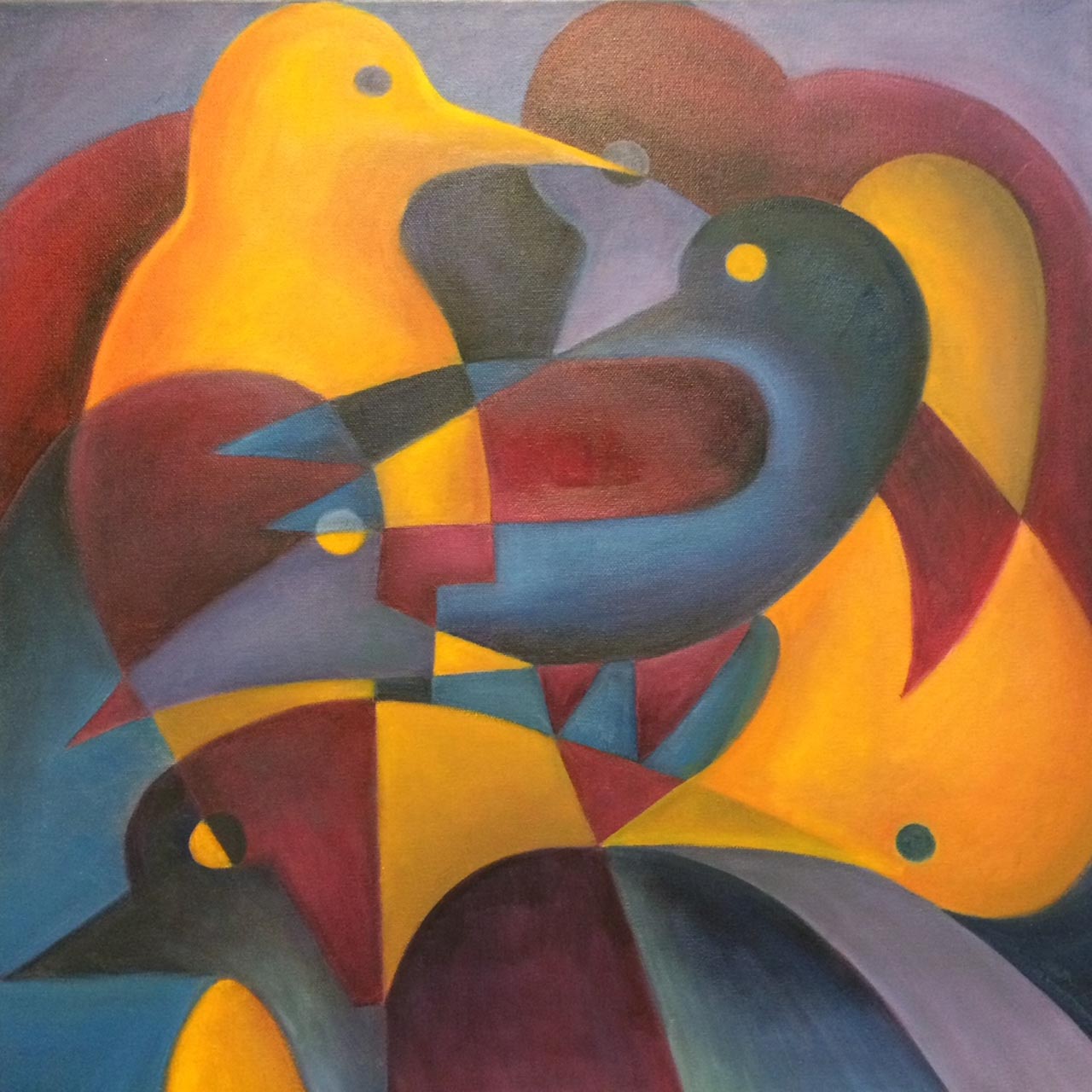 Abstracted oil painting of birds.