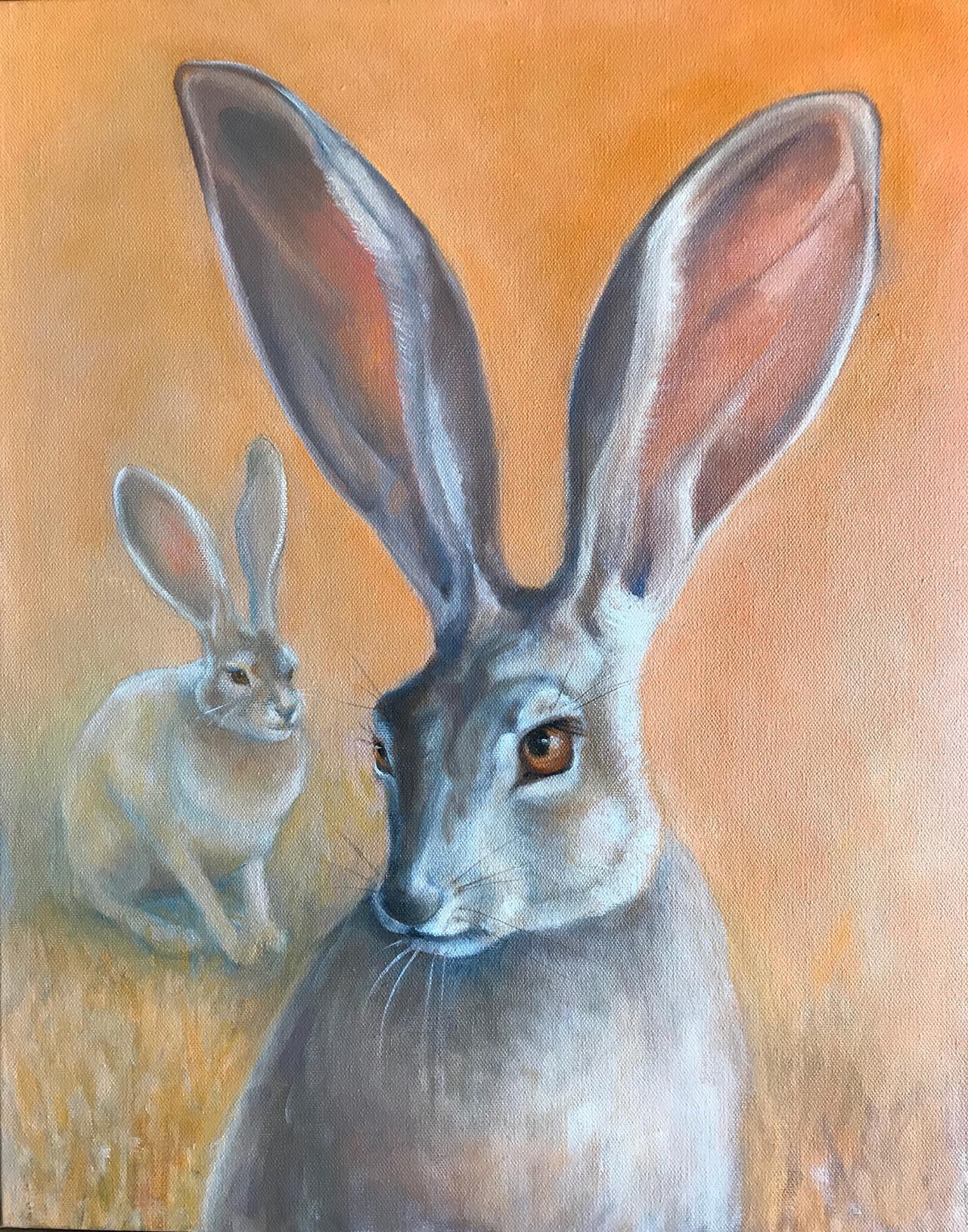 Oil painting of jackrabbits.. Painted by Carol Williamson.