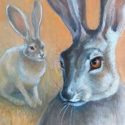 Oil painting of jackrabbits.