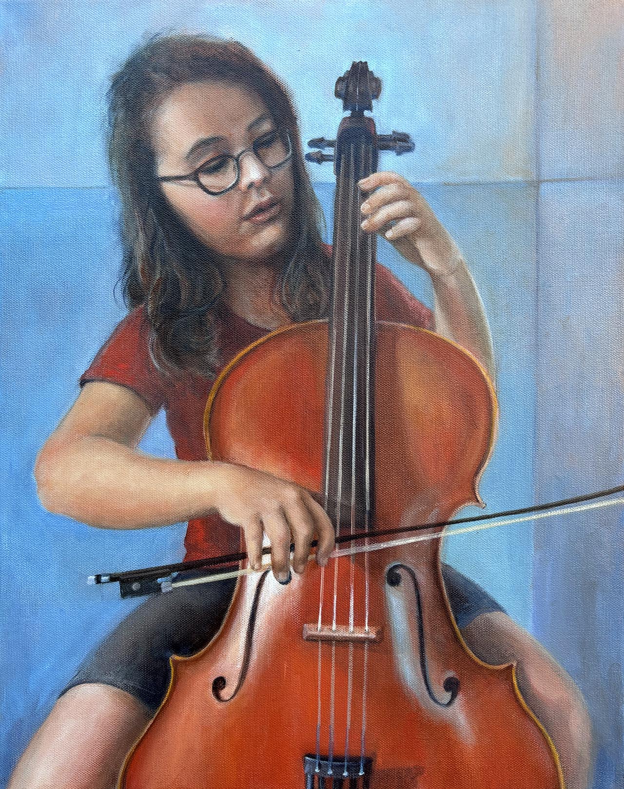 Oil painting of a girl learning to play the cello.. Painted by Carol Williamson.