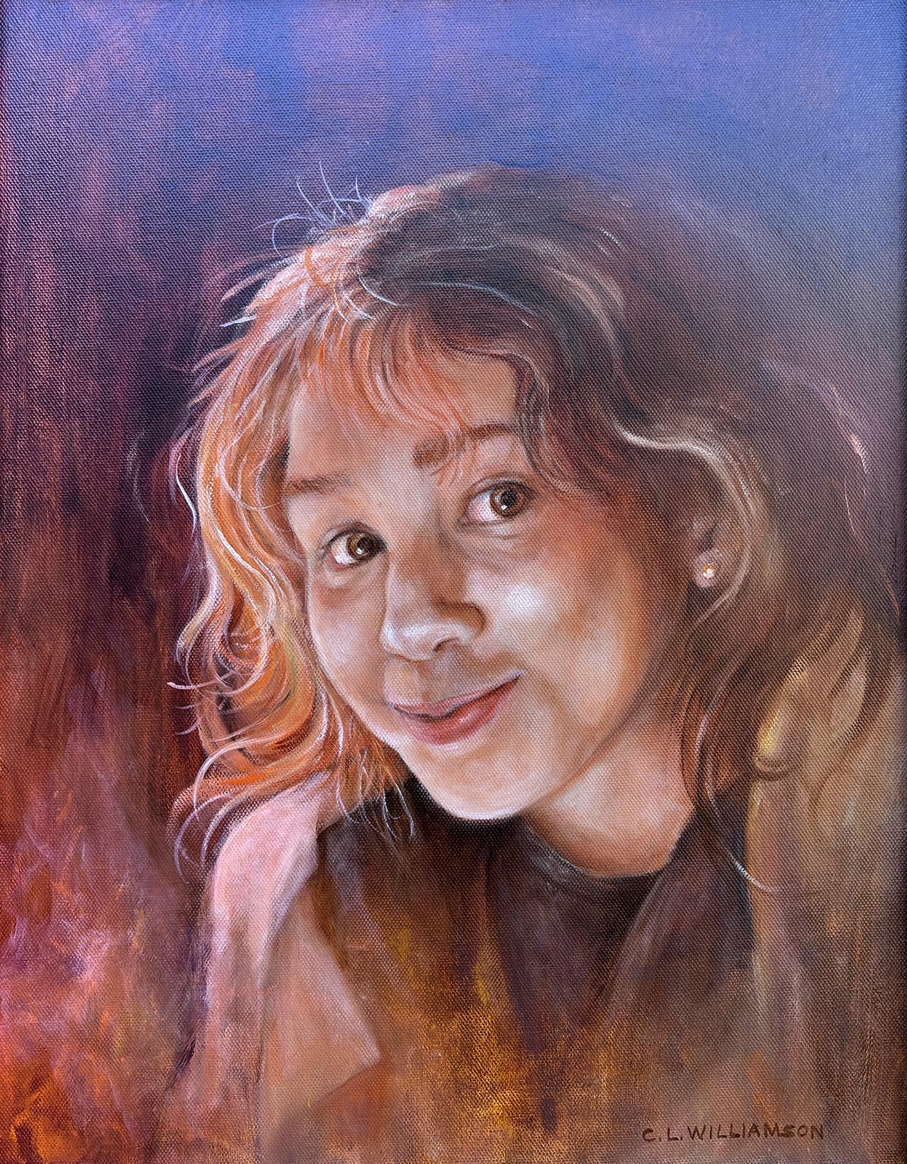 Oil painting of a portrait of teenage girl lit by the glow of firelight.. Painted by Carol Williamson.