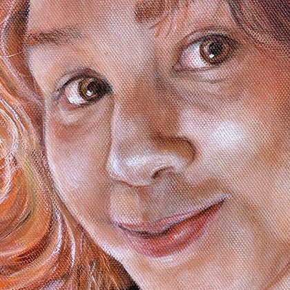 Oil painting of a portrait of teenage girl lit by the glow of firelight.