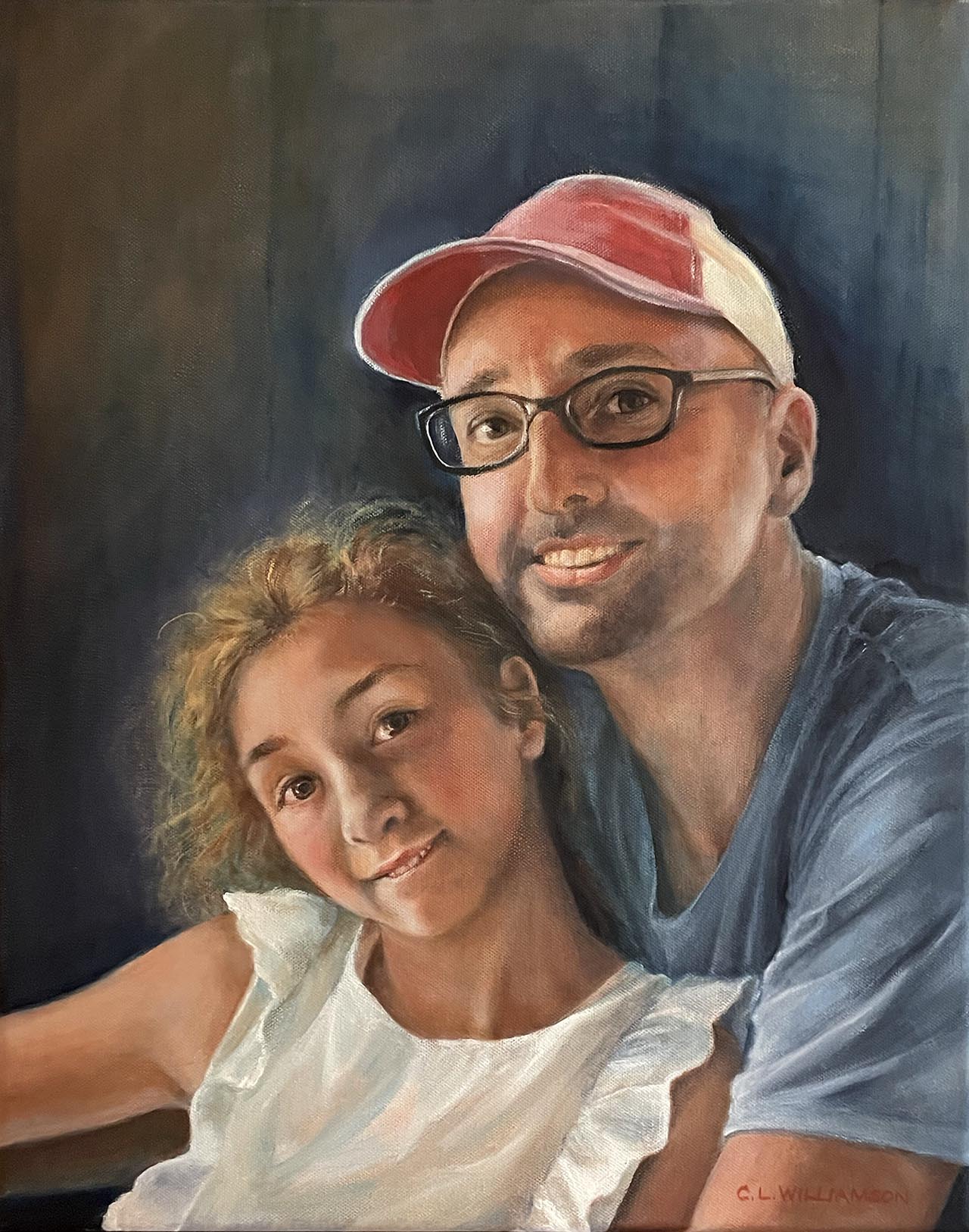 Oil painting of a father and daughter.. Painted by Carol Williamson.
