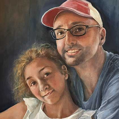 Oil painting of a father and daughter.