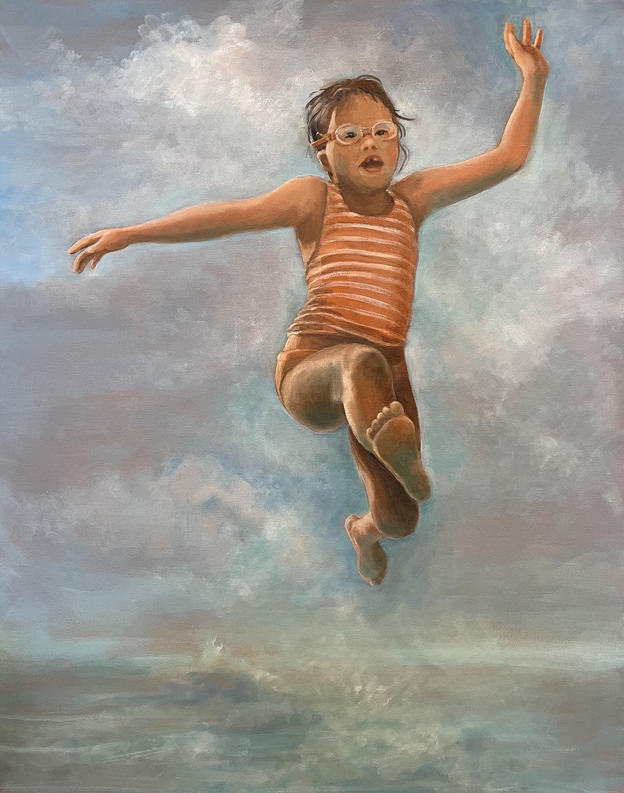 Oil painting of a girl wearing a swimsuit jumping into water against a cloudy sky.. Painted by Carol Williamson.