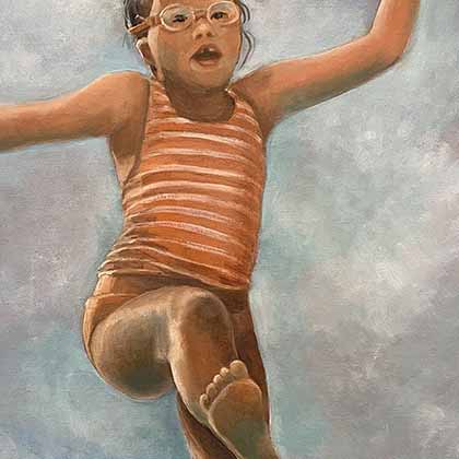 Oil painting of a girl wearing a swimsuit jumping into water against a cloudy sky.