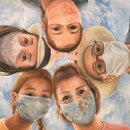 Oil painting of a family of five wearing masks at the start of the COVID-19 pandemic.