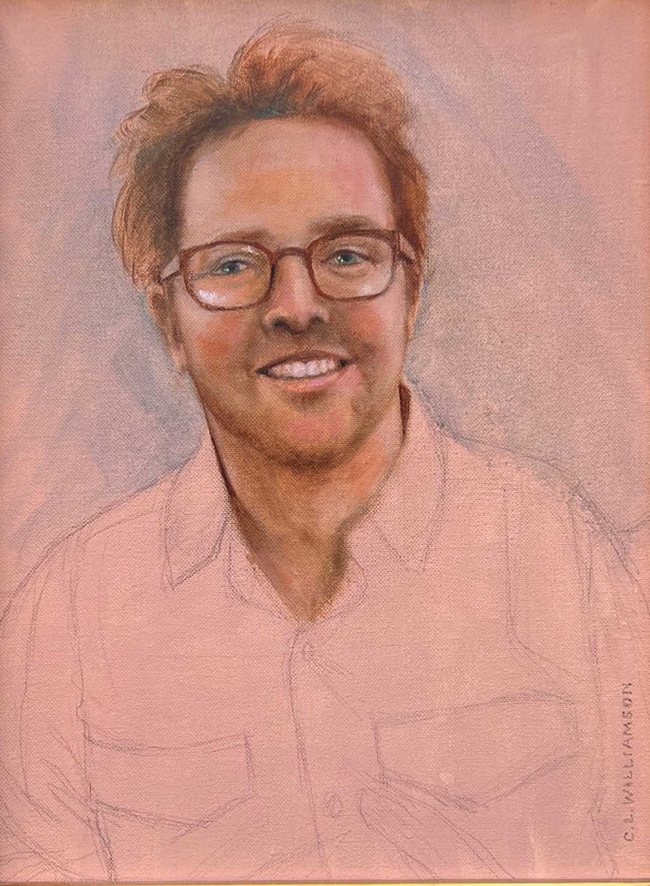 Oil painting study of a man wearing glasses.. Painted by Carol Williamson.