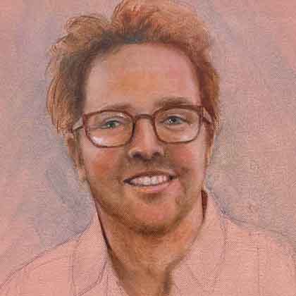 Oil painting study of a man wearing glasses.