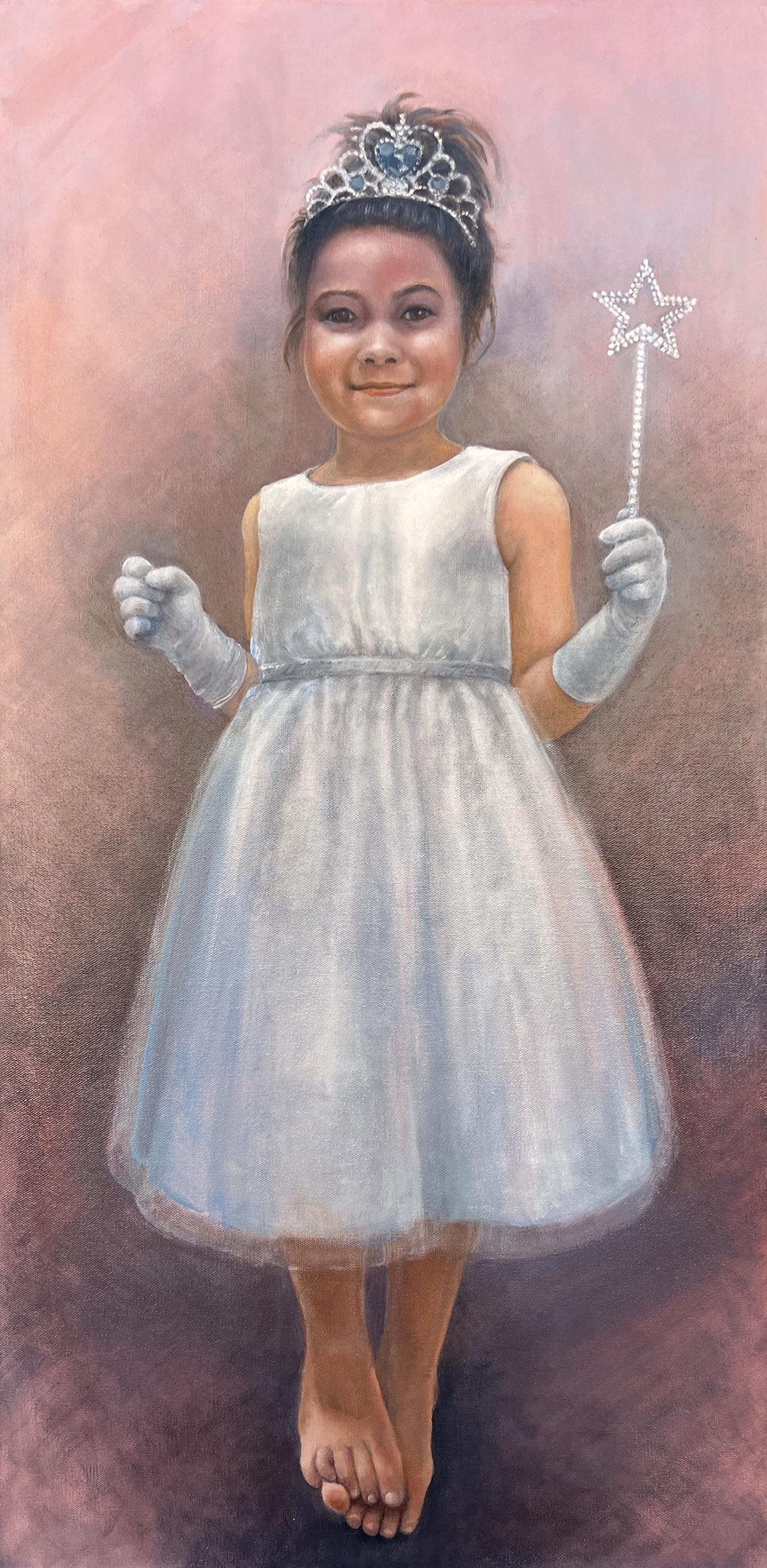 Oil painting of a girl wearing a tiara and carrying a scepter, while appearing to levitate above the ground.. Painted by Carol Williamson.