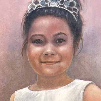 Oil painting of a girl wearing a tiara and carrying a scepter, while appearing to levitate above the ground.