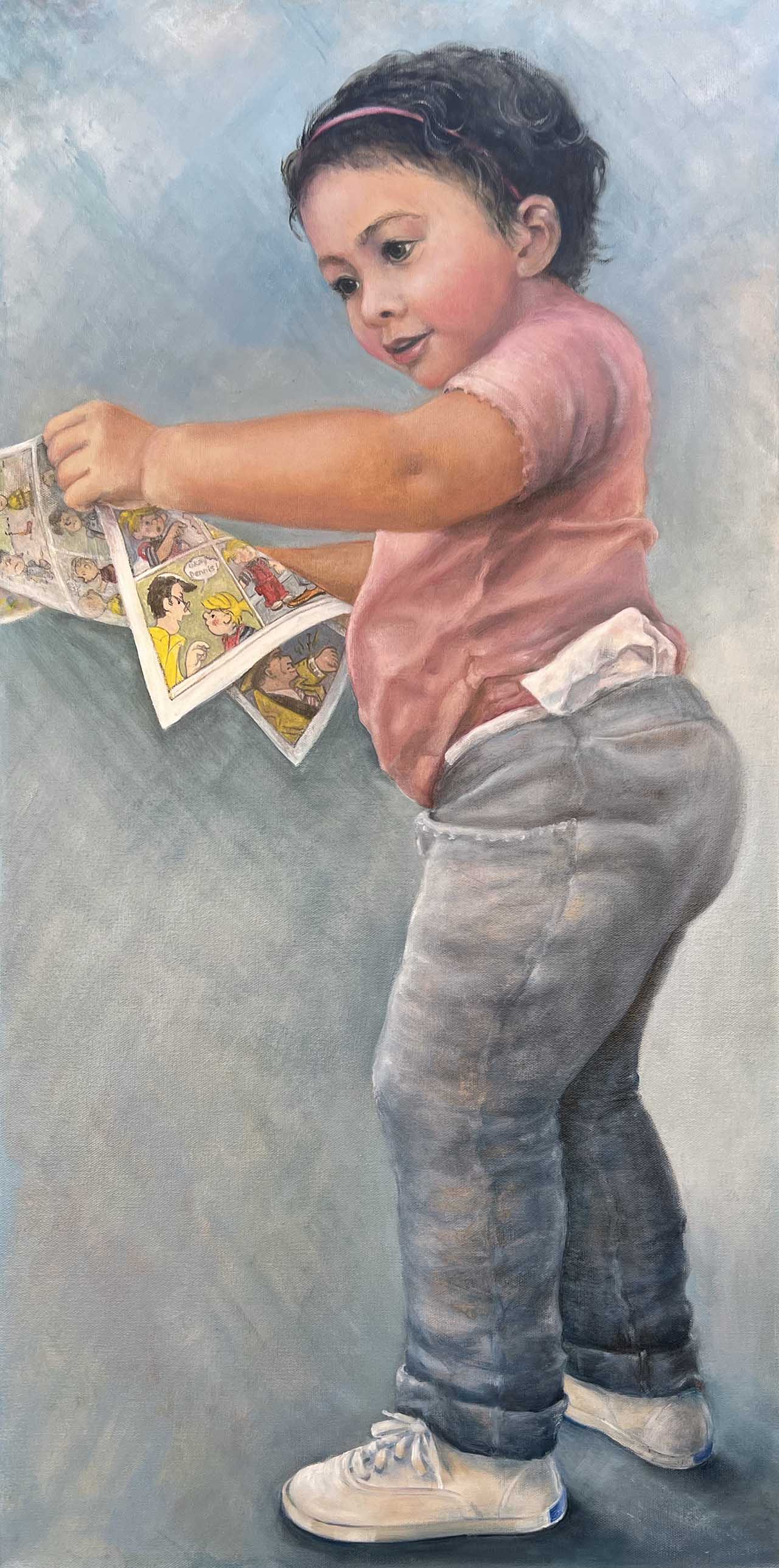 Oil painting of a young girl standing and reading newspaper comics.. Painted by Carol Williamson.