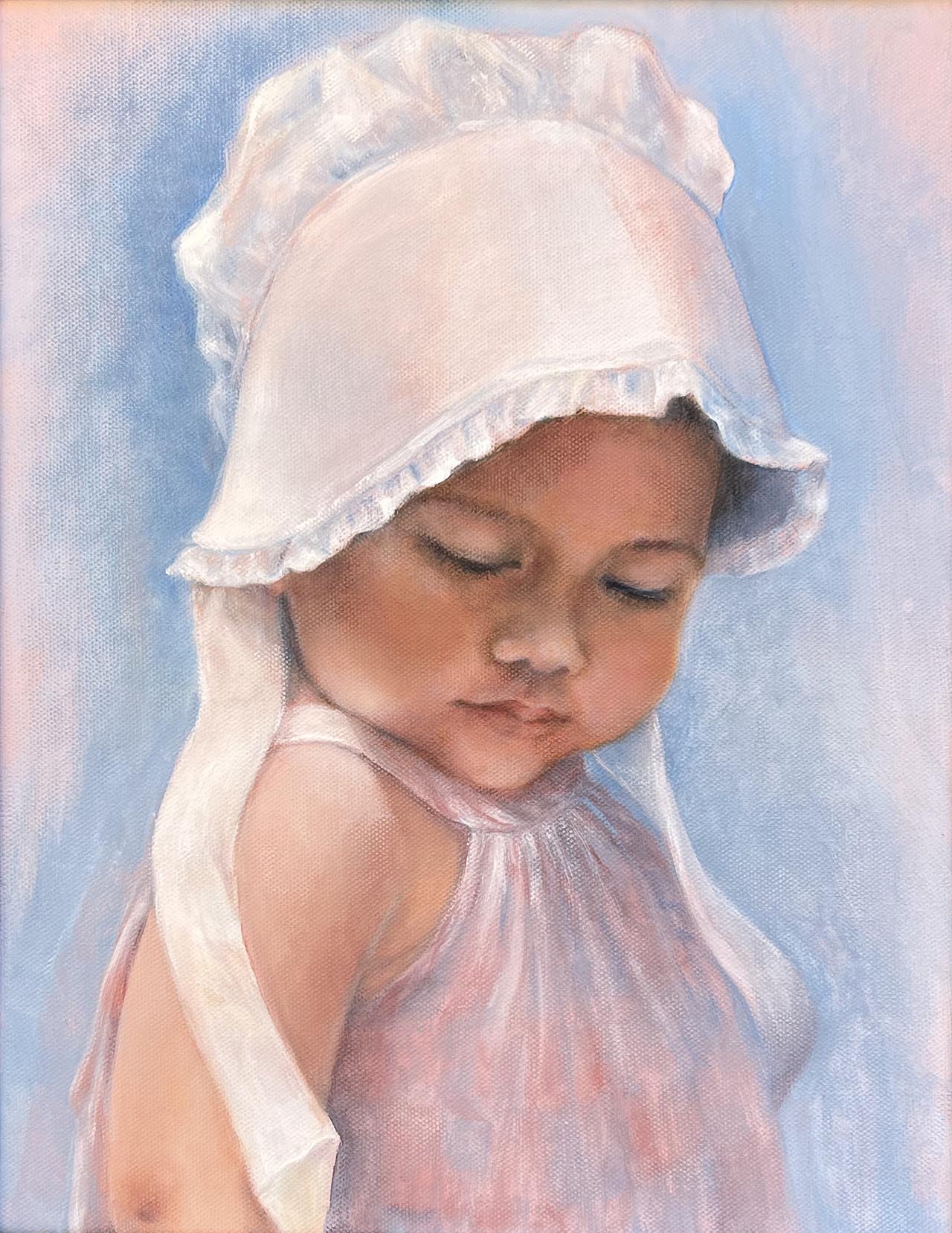 Oil painting of a wearing a bonnet.