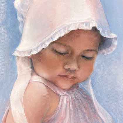 Oil painting of a wearing a bonnet.