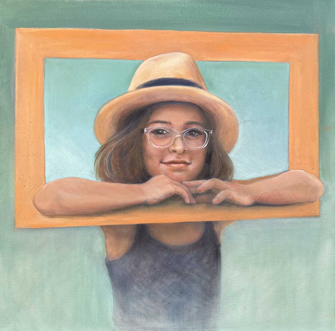 Oil painting of a girl leaning on a window frame.