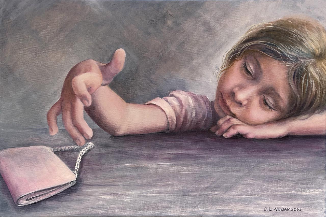 Oil painting of a girl resting her head on her hand and playing with a small coin purse.