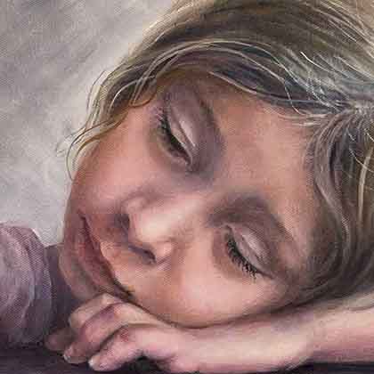 Oil painting of a girl resting her head on her hand and playing with a small coin purse.