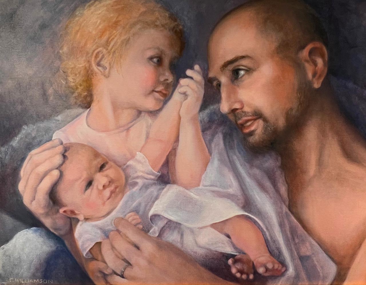 Oil painting of a father holding his newborn baby.
