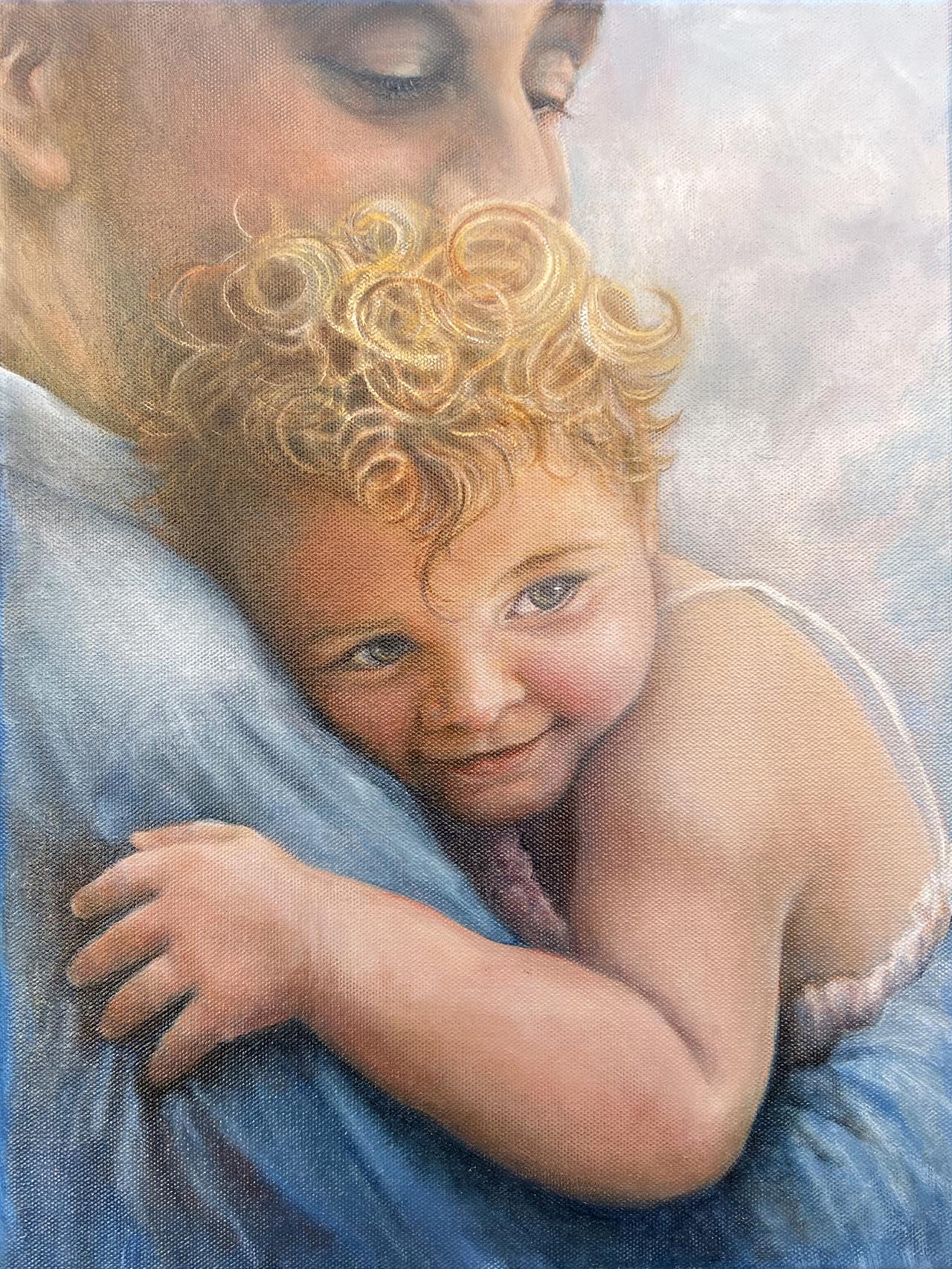 Oil painting of a father holding his daughter.. Painted by Carol Williamson.