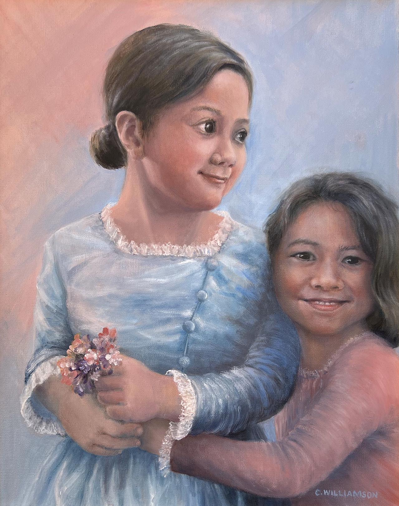 Oil painting of two sisters wearing dresses.. Painted by Carol Williamson.