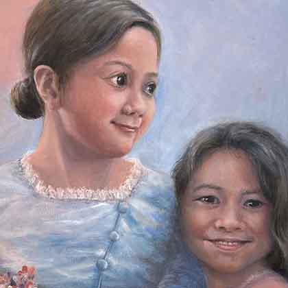 Oil painting of two sisters wearing dresses.