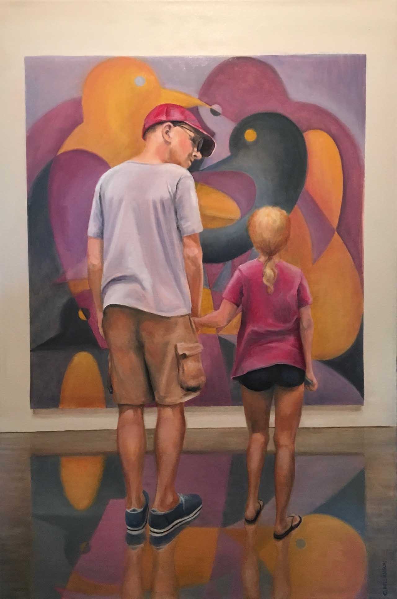 Oil painting of a father and daughter looking at a painting in a museum.. Painted by Carol Williamson.