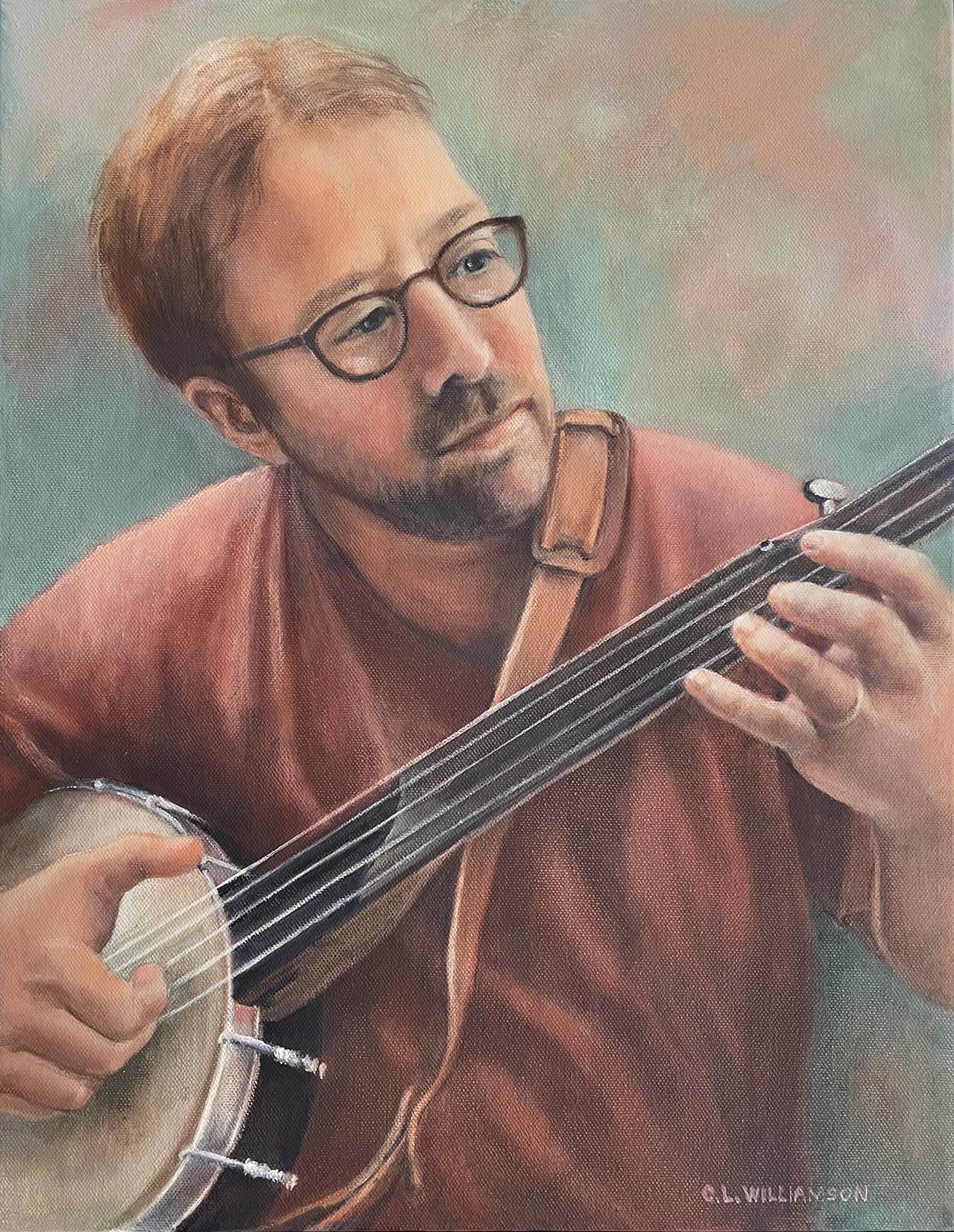 Oil painting of a man playing a fretless banjo.. Painted by Carol Williamson.