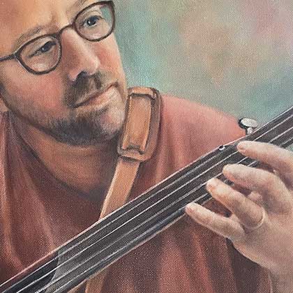 Oil painting of a man playing a fretless banjo.