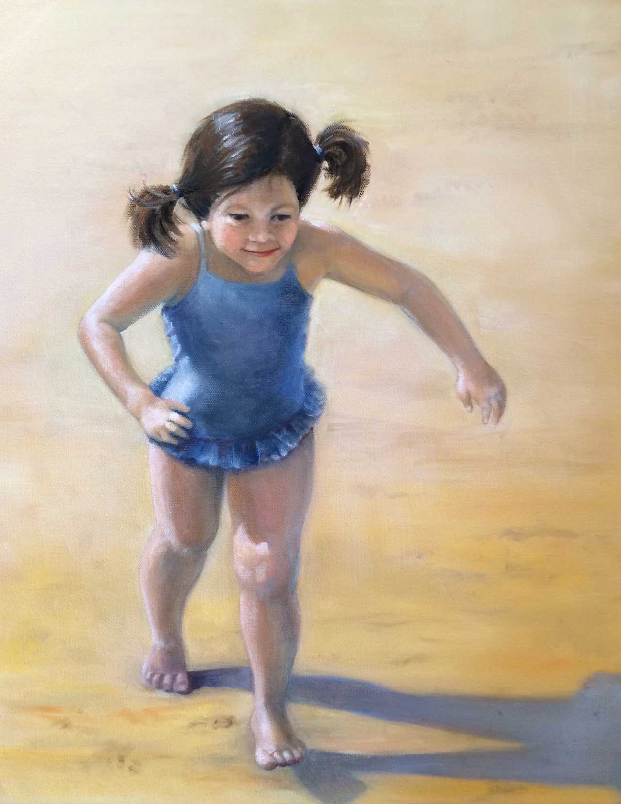 Oil painting of a young girl on a beach.. Painted by Carol Williamson.