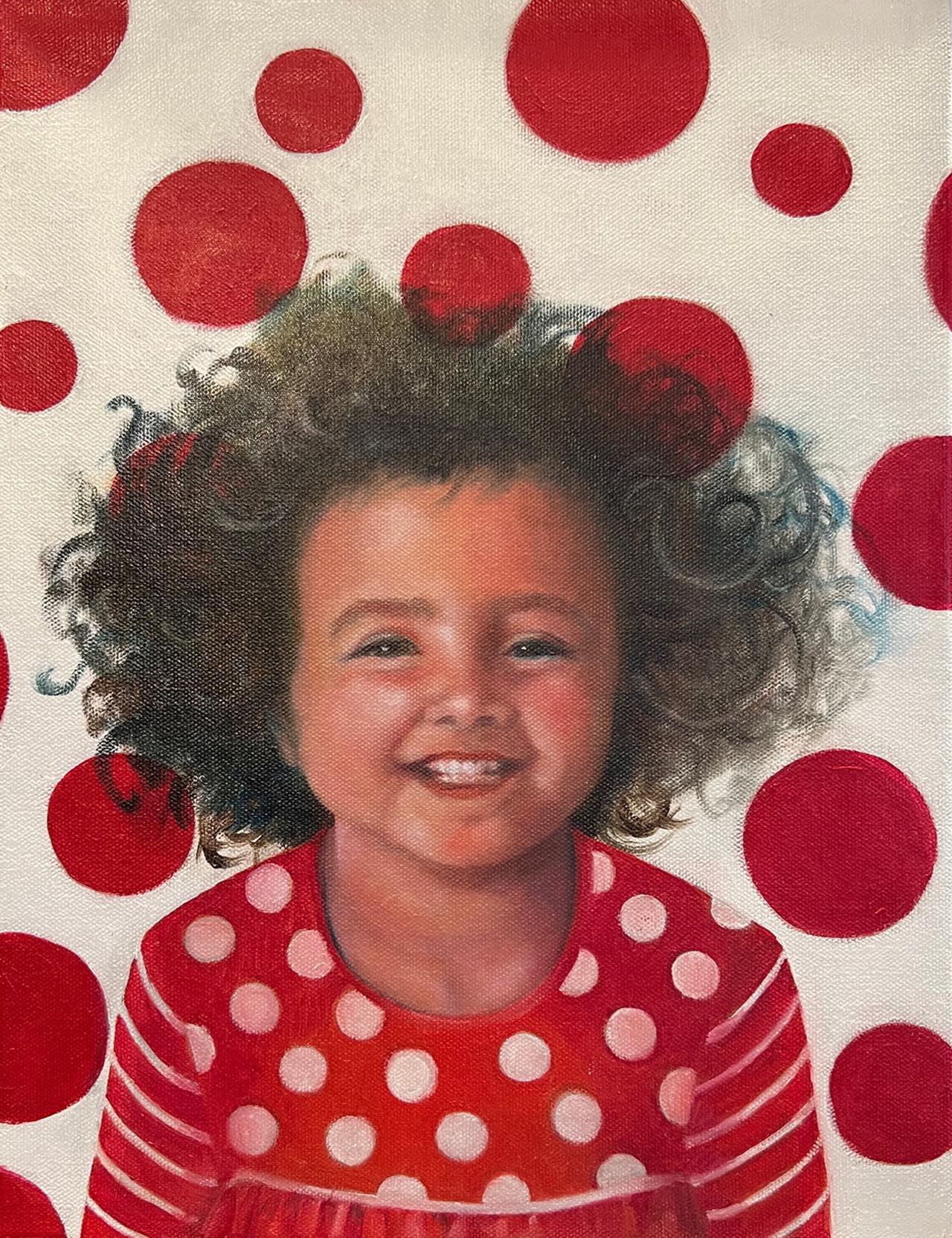 Oil and acrylic painting of a girl with polka dots.