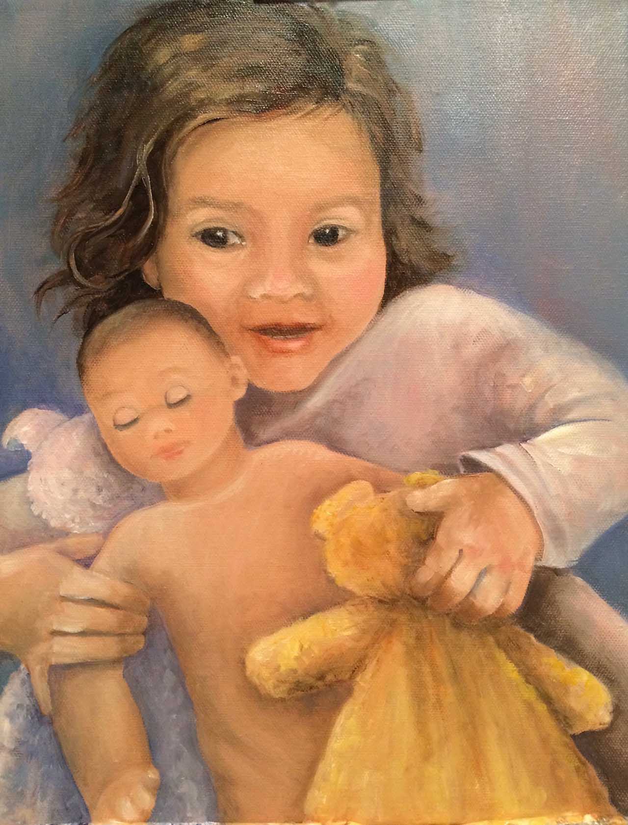 Oil painting of a girl holding her doll and bear.. Painted by Carol Williamson.