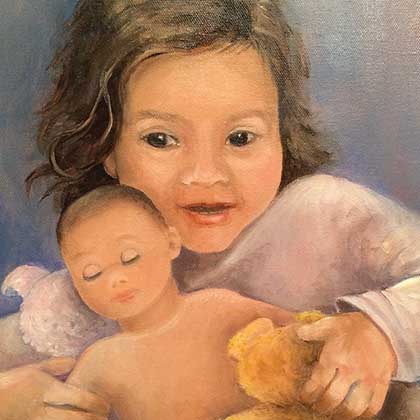 Oil painting of a girl holding her doll and bear.