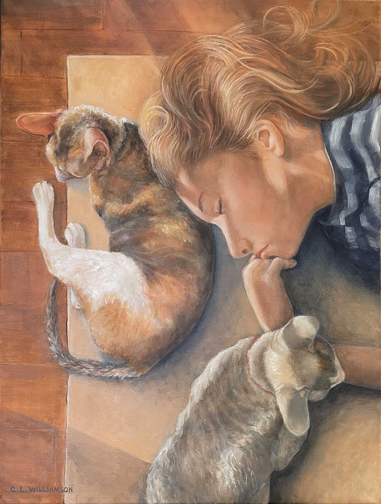 Oil painting of a girl on the floor with her two cats.. Painted by Carol Williamson.