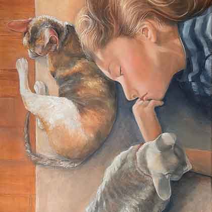 Oil painting of a girl on the floor with her two cats.