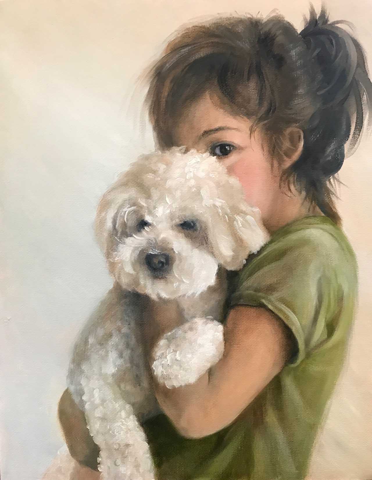 Oil painting of a young girl holding a white dog.. Painted by Carol Williamson.
