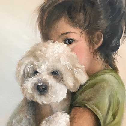 Oil painting of a young girl holding a white dog.