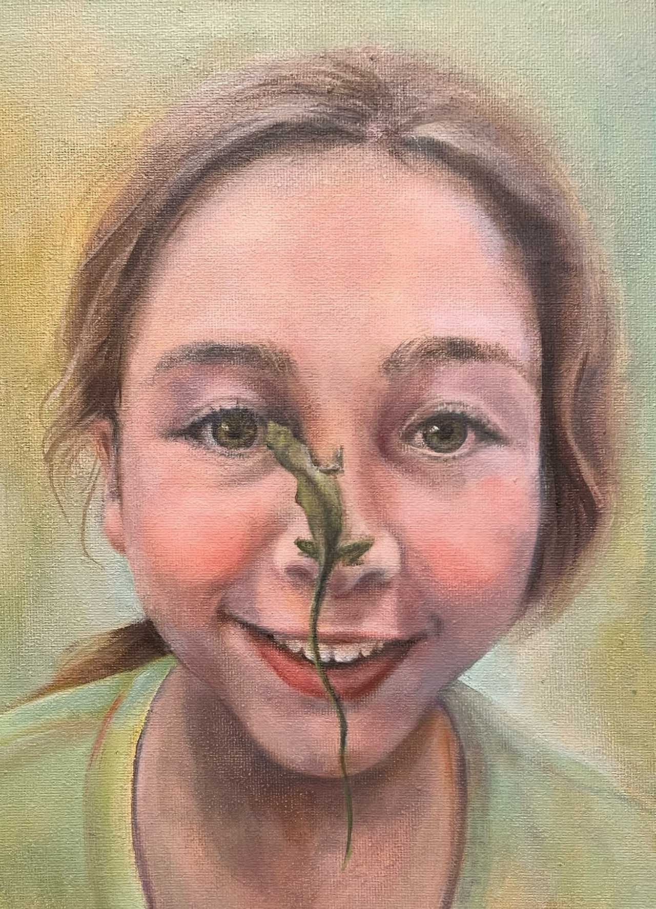 Oil painting of a girl with a small lizard sitting on her face.. Painted by Carol Williamson.