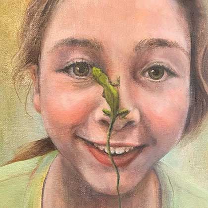 Oil painting of a girl with a small lizard sitting on her face.
