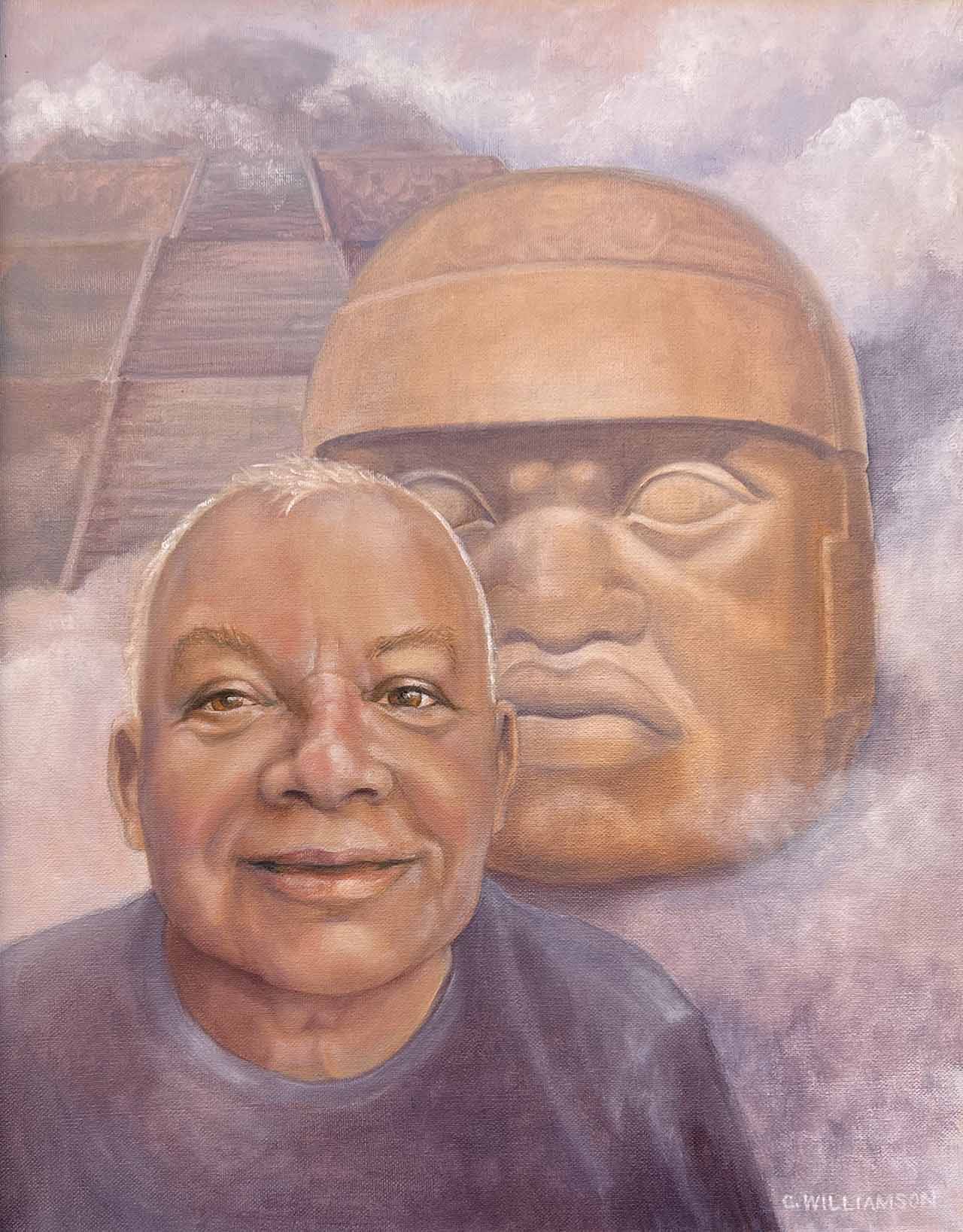 Oil painting of a Mexican tour guide in front of a statue and pyramid.. Painted by Carol Williamson.