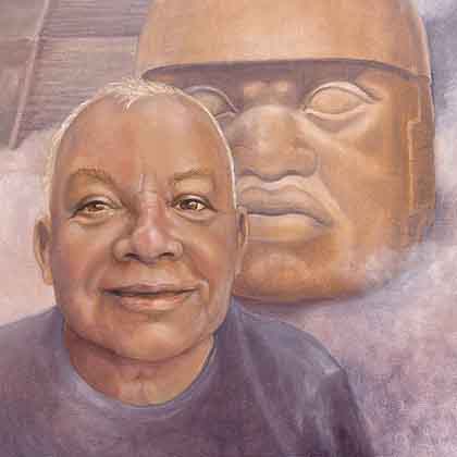 Oil painting of a Mexican tour guide in front of a statue and pyramid.